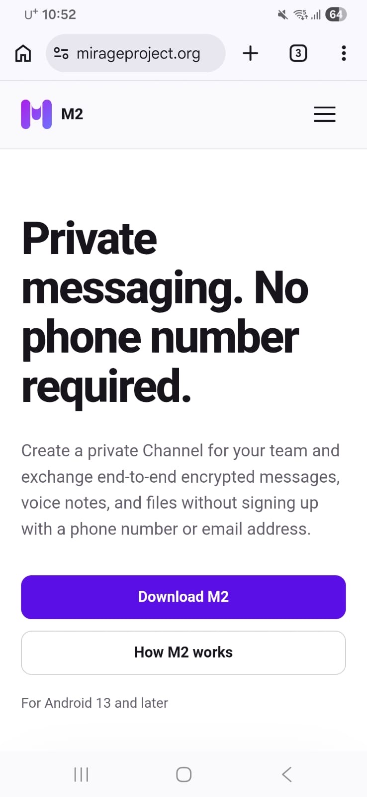 M2 home page on Android with the Download M2 button