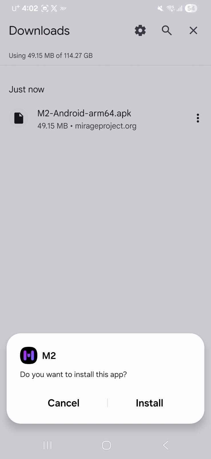 Android installer asking whether to install M2