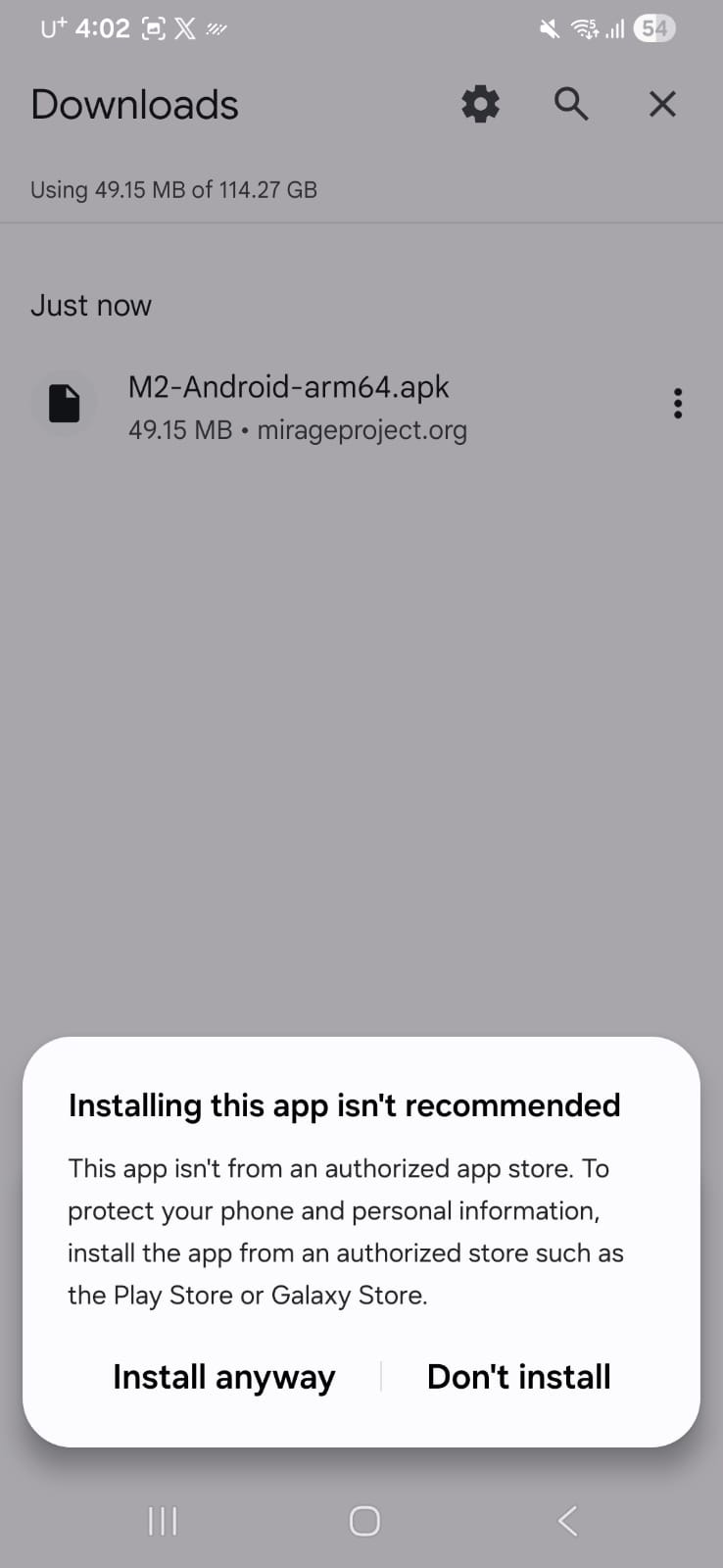 Android warning for an app installed outside an authorized app store