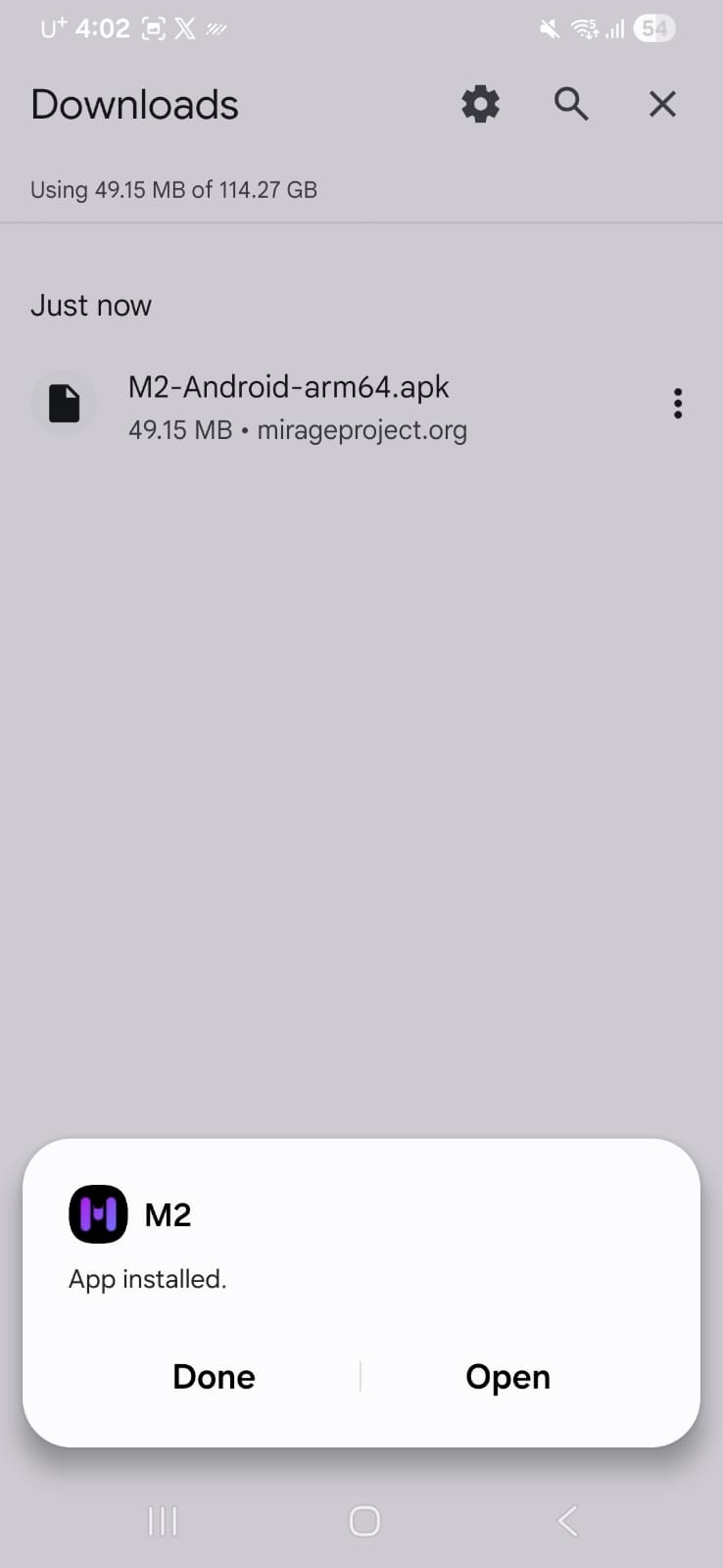 Android reporting that the M2 app is installed