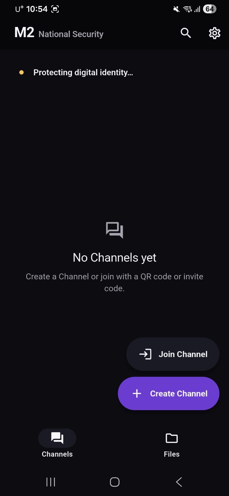 M2 Channels screen while the app is protecting the digital identity