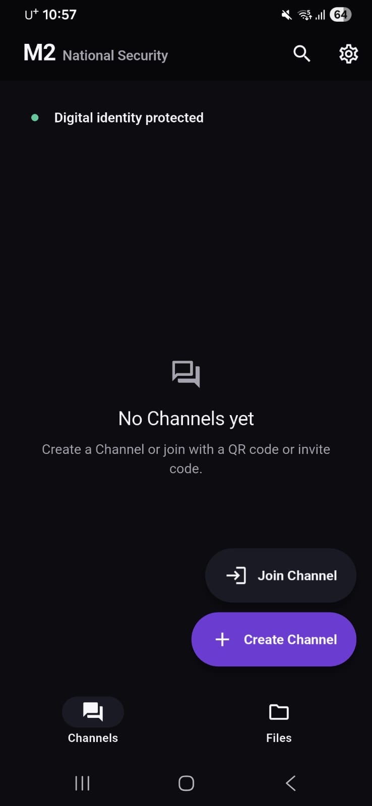 M2 Channels screen with Create Channel and Join Channel actions