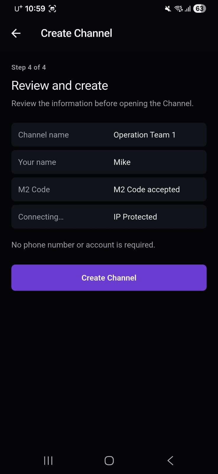 M2 review screen before creating a Channel